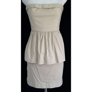 BCBG Max Azria Dress 2 Beige Khaki Pocket Pleat Peplum Strapless Pencil Party